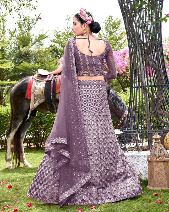 Mauve Net Embroidered Lehenga Choli
