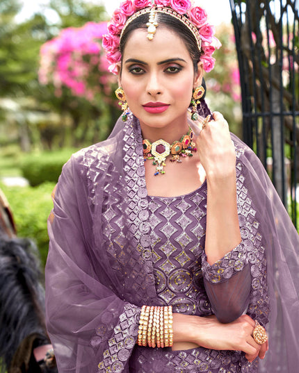 Mauve Net Embroidered Lehenga Choli