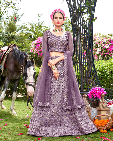 Mauve Net Embroidered Lehenga Choli