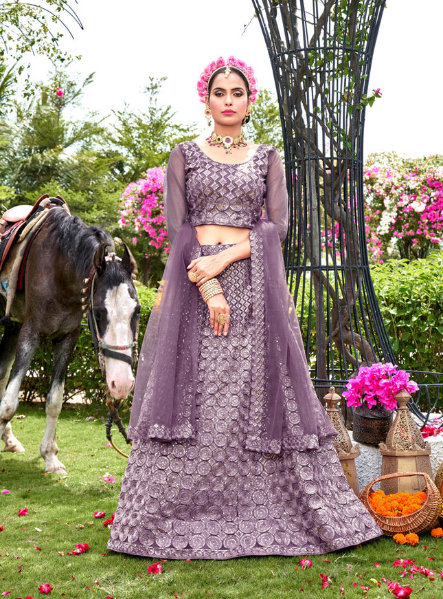 Mauve Net Embroidered Lehenga Choli