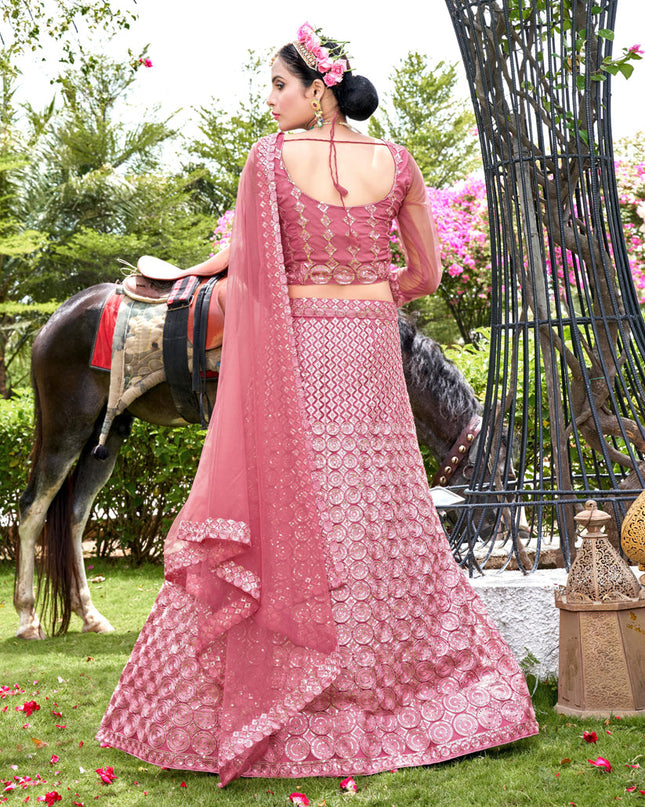 Carnation Pink Net Embroidered Lehenga Choli