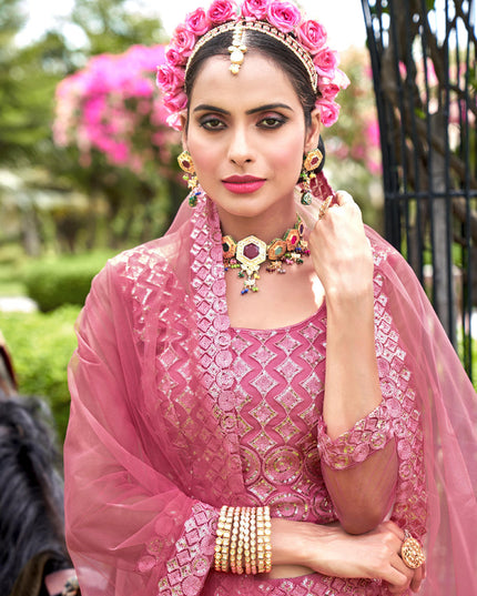 Carnation Pink Net Embroidered Lehenga Choli