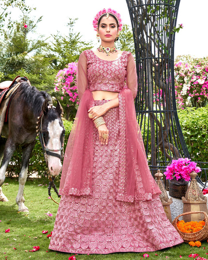 Carnation Pink Net Embroidered Lehenga Choli