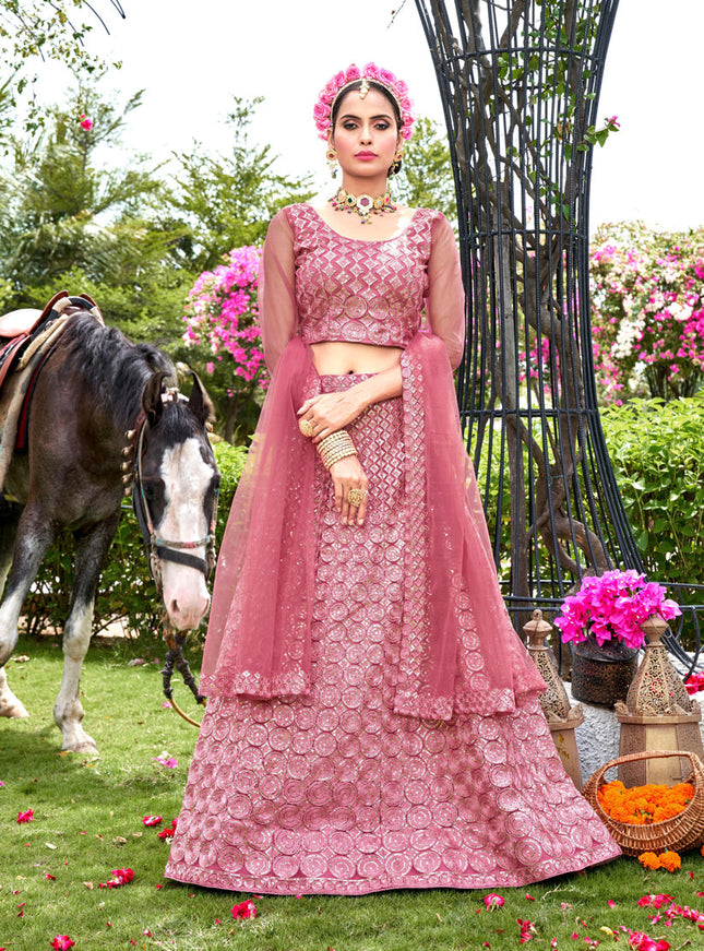 Carnation Pink Net Embroidered Lehenga Choli