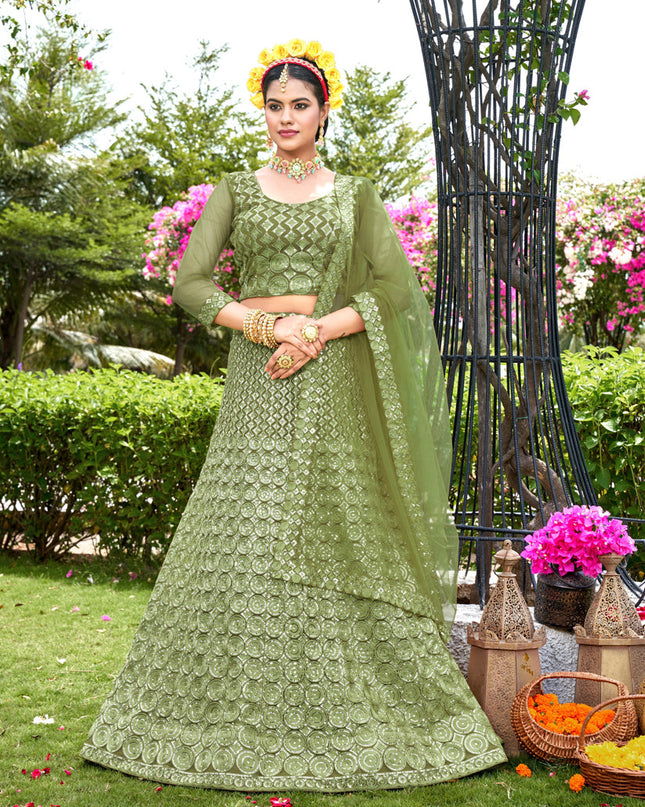 Pear Green Net Embroidered Lehenga Choli