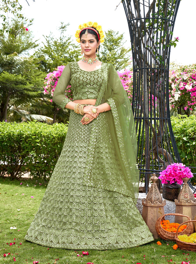 Pear Green Net Embroidered Lehenga Choli