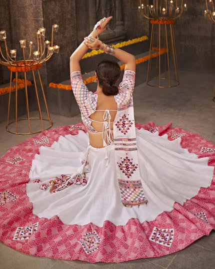 White Jacquard Cotton Embellished Flared Chaniya Choli