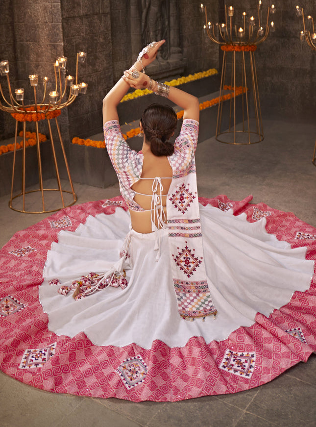 White Jacquard Cotton Embellished Flared Chaniya Choli