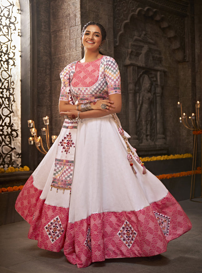 White Jacquard Cotton Embellished Flared Chaniya Choli