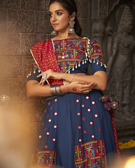 Navy Blue Embellished Flared Viscose Rayon Chaniya Choli