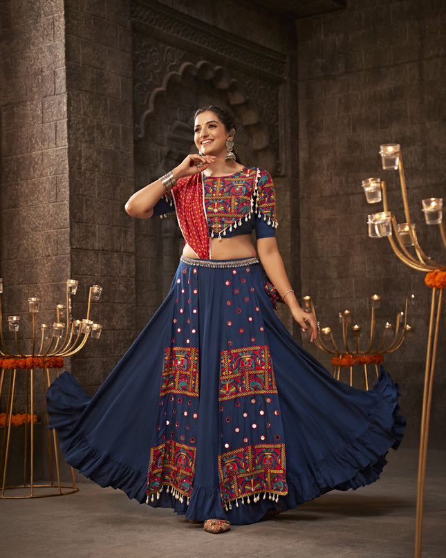 Navy Blue Embellished Flared Viscose Rayon Chaniya Choli