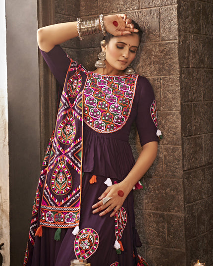 Burgundy Embellished Flared Viscose Rayon Chaniya Choli