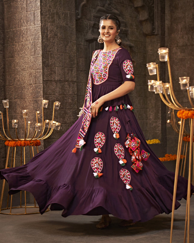 Burgundy Embellished Flared Viscose Rayon Chaniya Choli