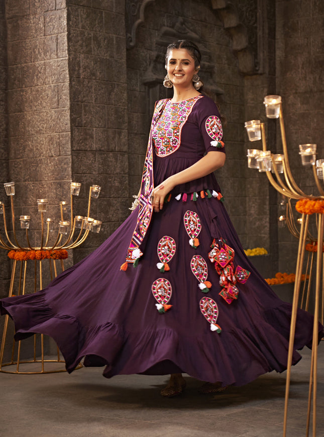 Burgundy Embellished Flared Viscose Rayon Chaniya Choli