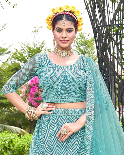 Sky Blue Net Designer Lehenga Choli Set