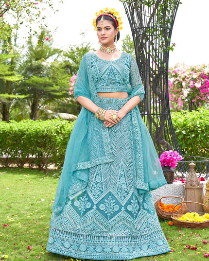 Sky Blue Net Designer Lehenga Choli Set