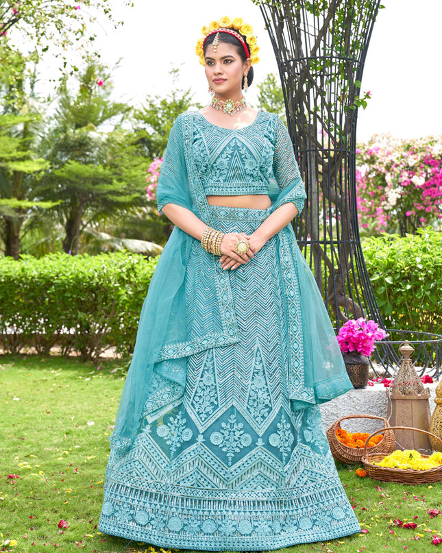 Sky Blue Net Designer Lehenga Choli Set
