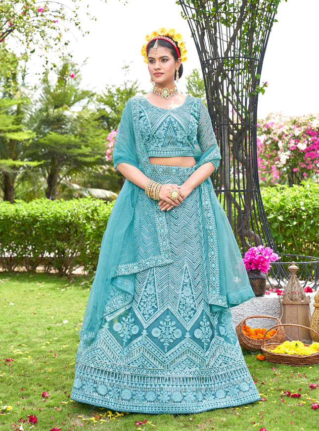 Sky Blue Net Designer Lehenga Choli Set