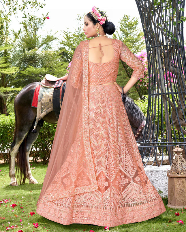 Peach Net Designer Lehenga Choli Set