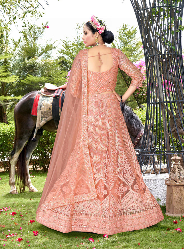 Peach Net Designer Lehenga Choli Set