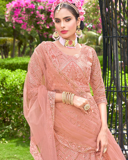 Peach Net Designer Lehenga Choli Set