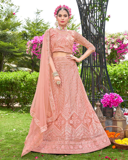 Peach Net Designer Lehenga Choli Set