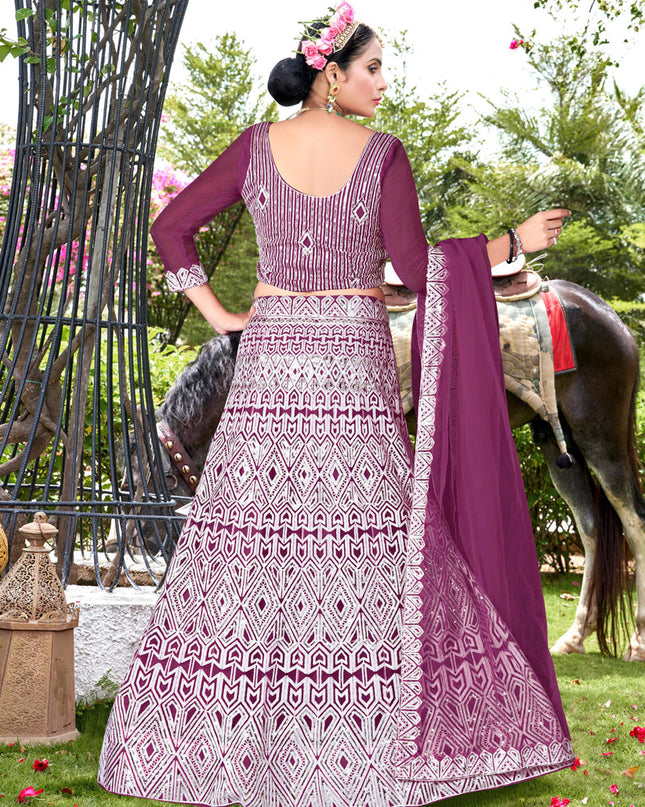 Wine Net Embroidered Designer Lehenga Choli