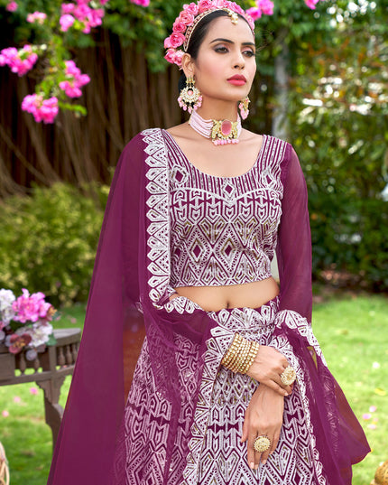 Wine Net Embroidered Designer Lehenga Choli