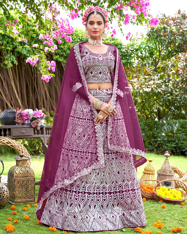 Wine Net Embroidered Designer Lehenga Choli
