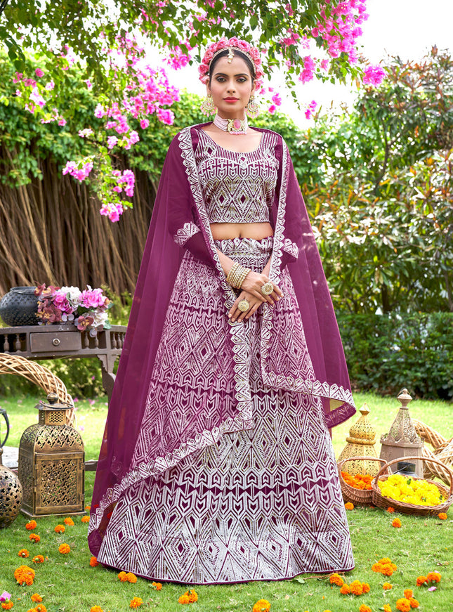 Wine Net Embroidered Designer Lehenga Choli
