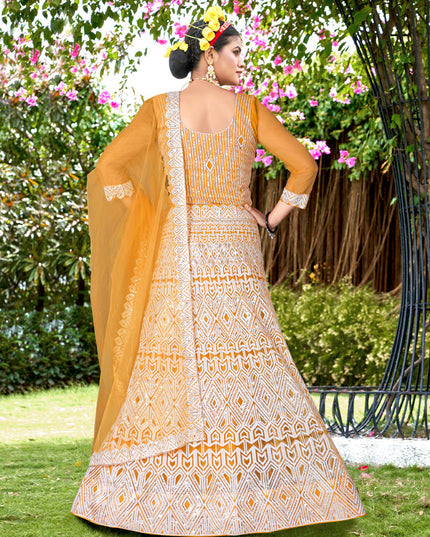 Corn Yellow Net Embroidered Designer Lehenga Choli
