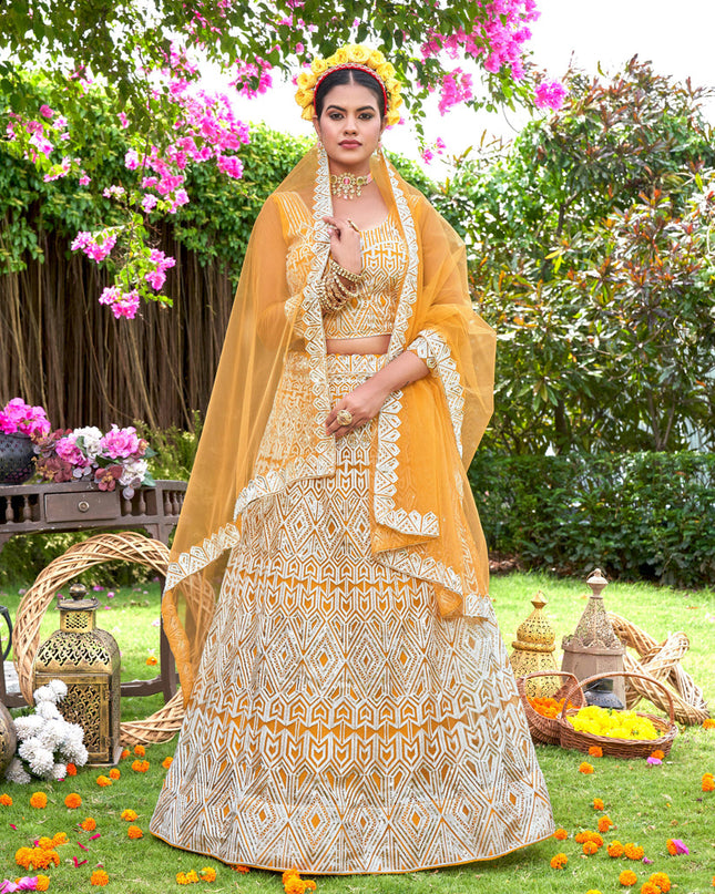 Corn Yellow Net Embroidered Designer Lehenga Choli