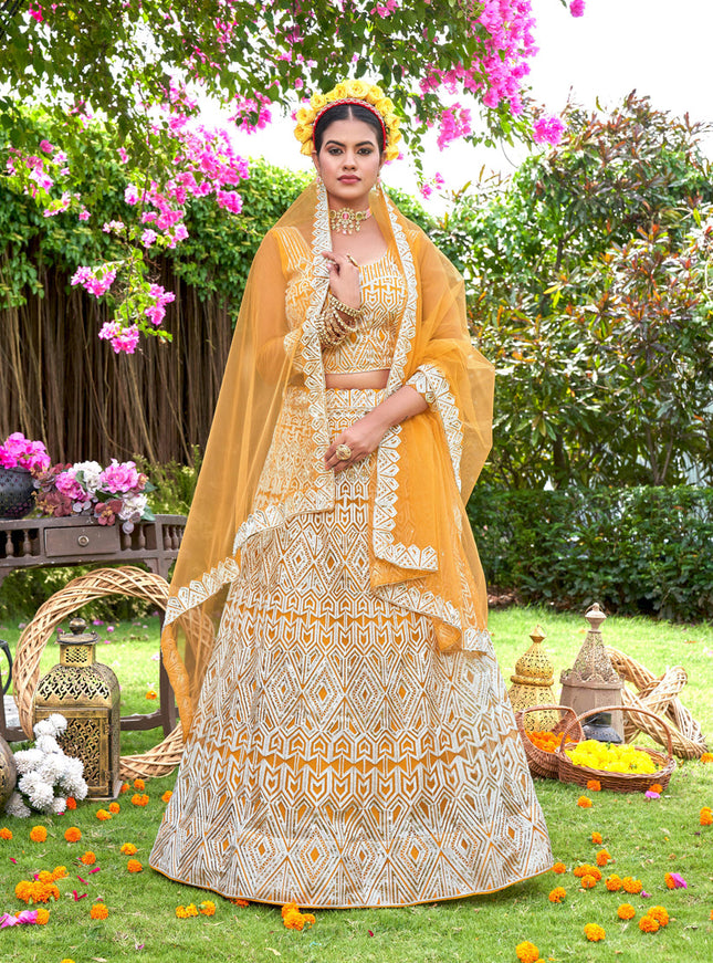 Corn Yellow Net Embroidered Designer Lehenga Choli