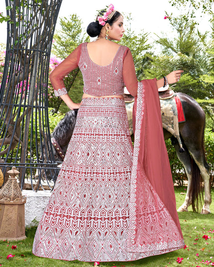Old Rose Net Embroidered Designer Lehenga Choli