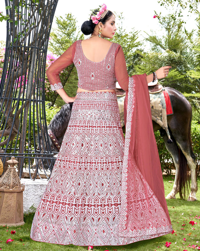 Old Rose Net Embroidered Designer Lehenga Choli
