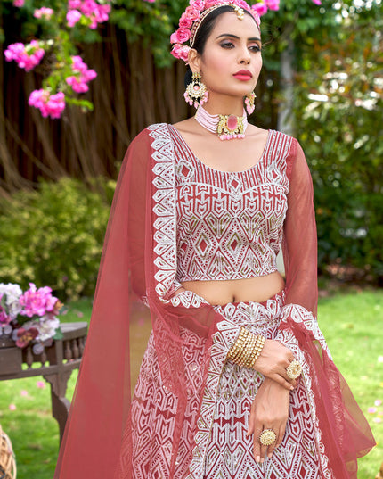 Old Rose Net Embroidered Designer Lehenga Choli