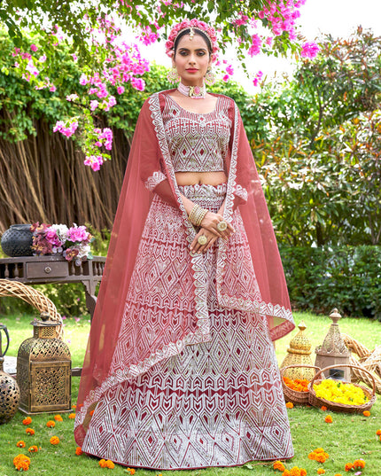 Old Rose Net Embroidered Designer Lehenga Choli