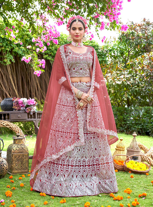 Old Rose Net Embroidered Designer Lehenga Choli