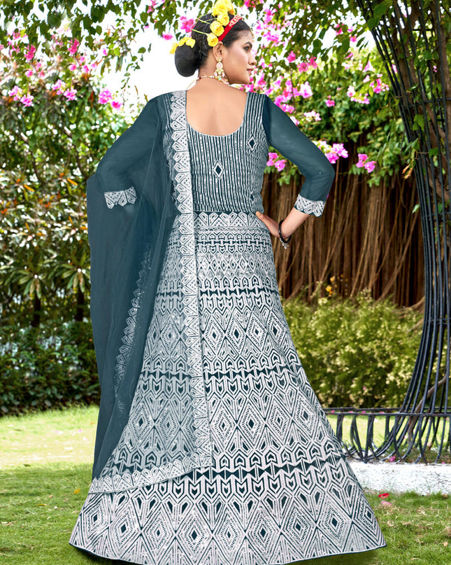 Peacock Blue Net Embroidered Designer Lehenga Choli