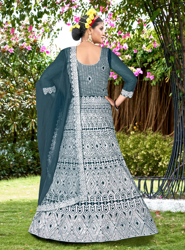Peacock Blue Net Embroidered Designer Lehenga Choli