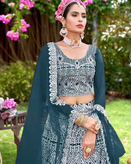 Peacock Blue Net Embroidered Designer Lehenga Choli