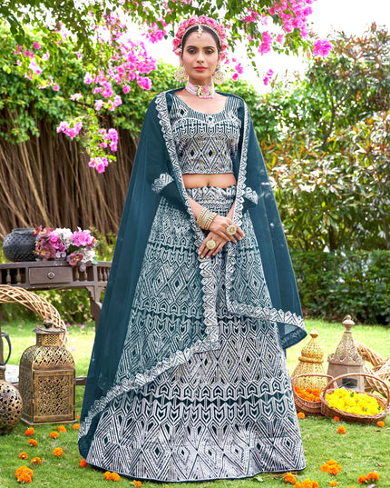 Peacock Blue Net Embroidered Designer Lehenga Choli