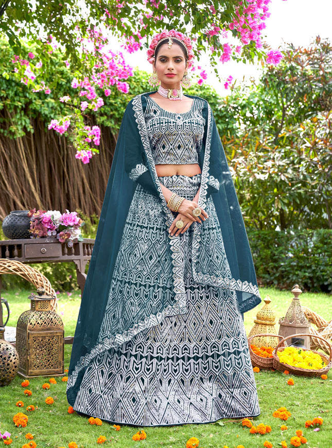 Peacock Blue Net Embroidered Designer Lehenga Choli