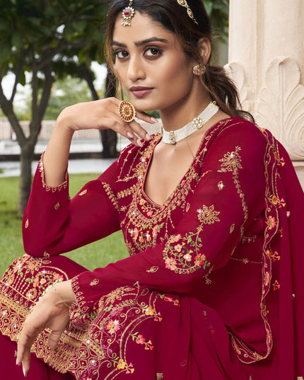 Raspberry Georgette Embroidered Sharara Kameez