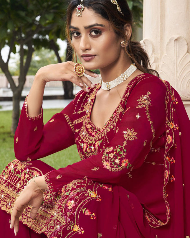 Raspberry Georgette Embroidered Sharara Kameez