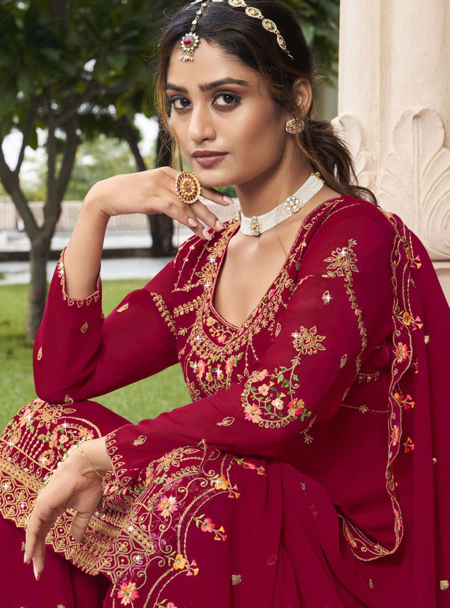 Raspberry Georgette Embroidered Sharara Kameez