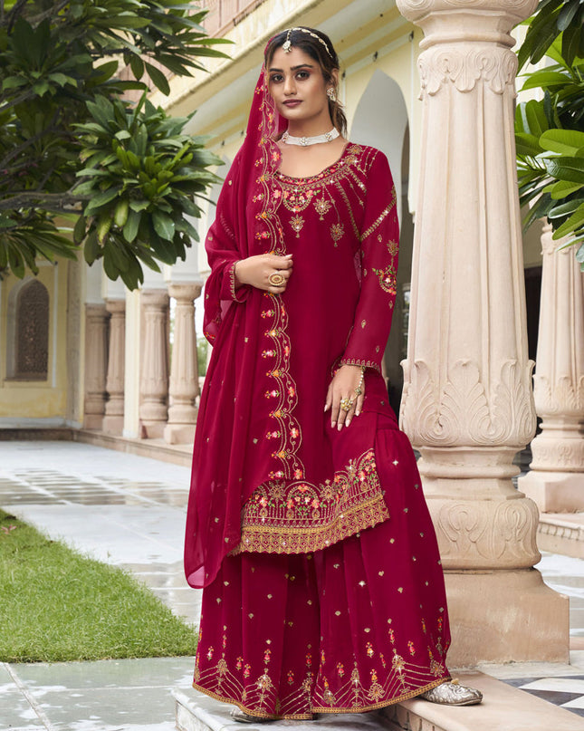 Raspberry Georgette Embroidered Sharara Kameez