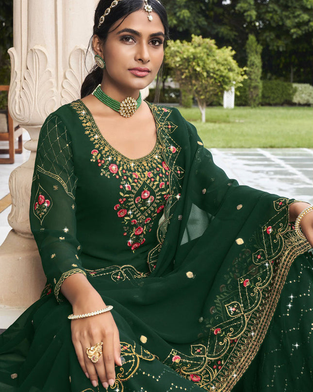 Forest Green Georgette Embroidered Palazzo Kameez