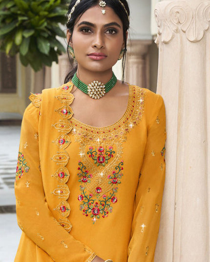 Mustard Georgette Embroidered Palazzo Kameez