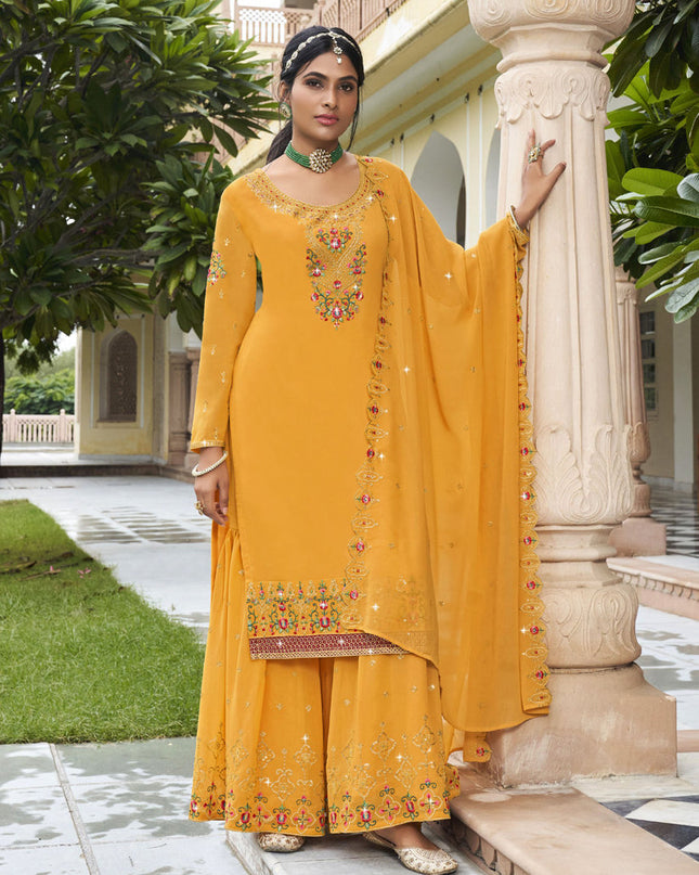 Mustard Georgette Embroidered Palazzo Kameez